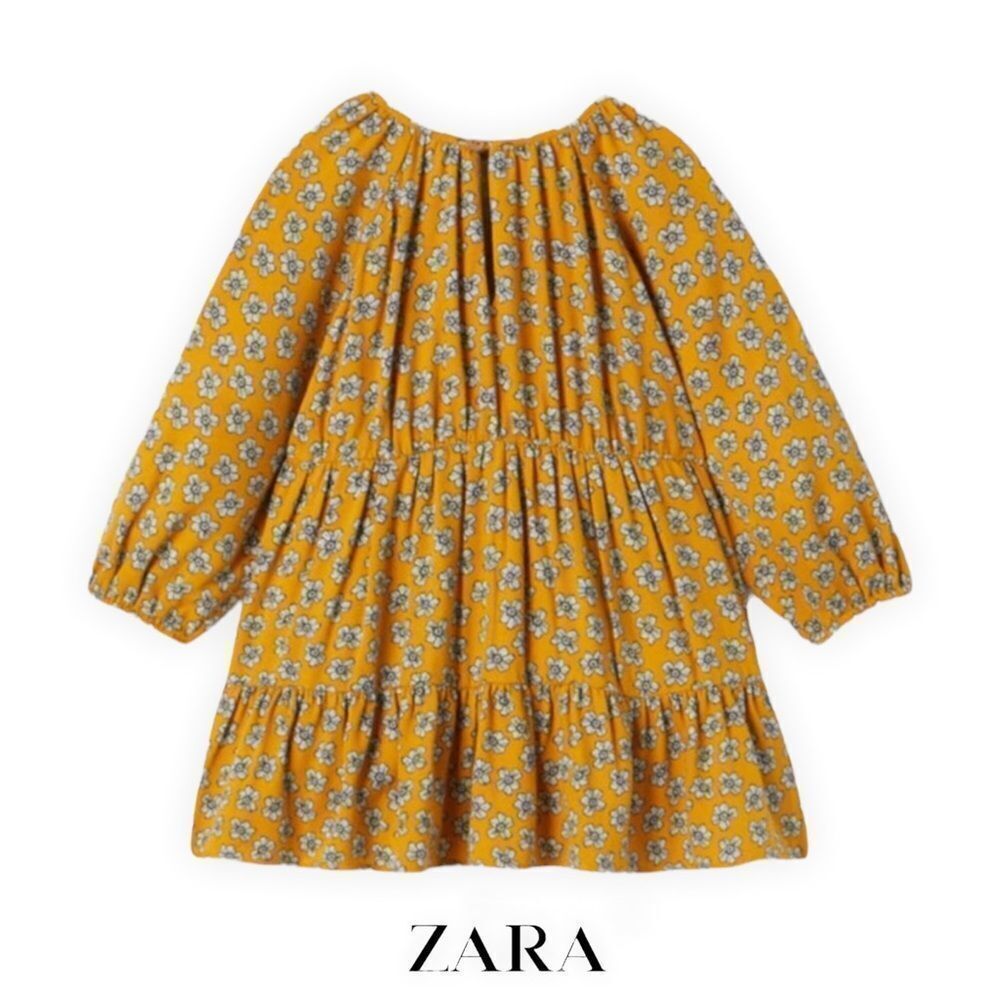 Zara Mustard Yellow Floral Tiered Long-Sleeve Dress